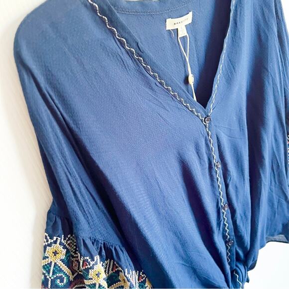 Max Studio Boho Ruffle Sleeve Embroidered Button Down Blouse Small - Picture 7 of 11